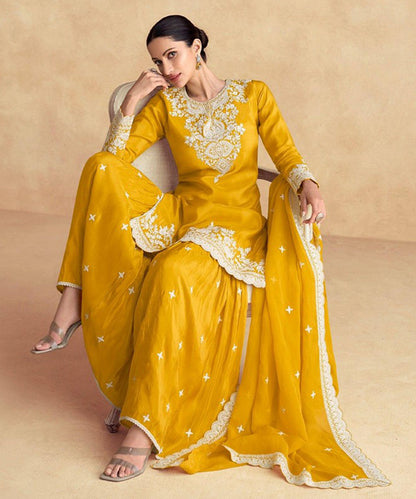Salwar Kameez Yellow Chinon with Dupatta