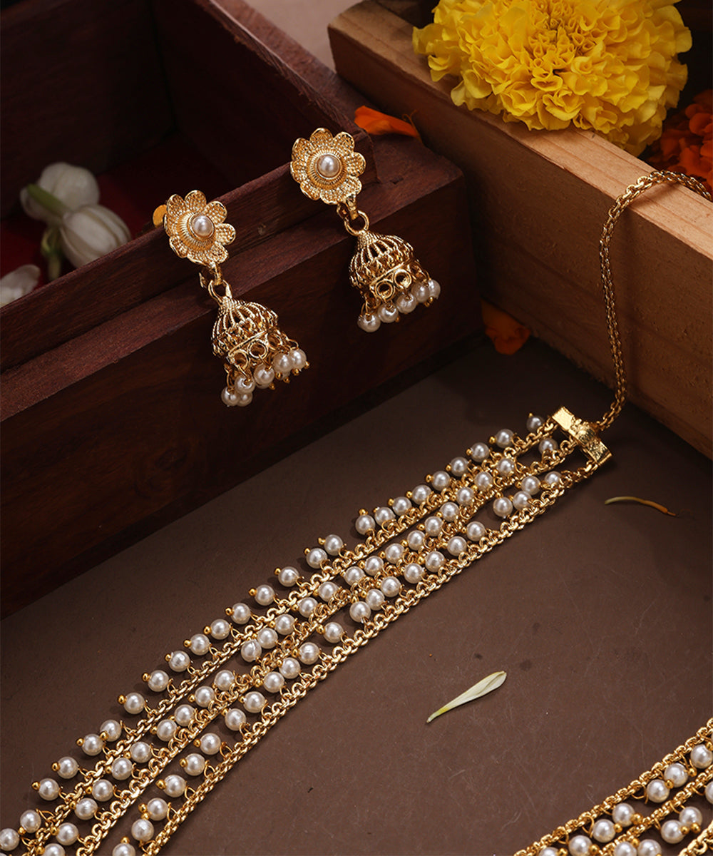 Three Layer Pearl Necklace with Gold Plated Chain