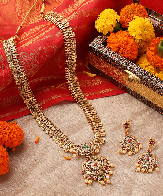 Royal Temple Jewellery Long Coin Necklace with Intricate Pendant