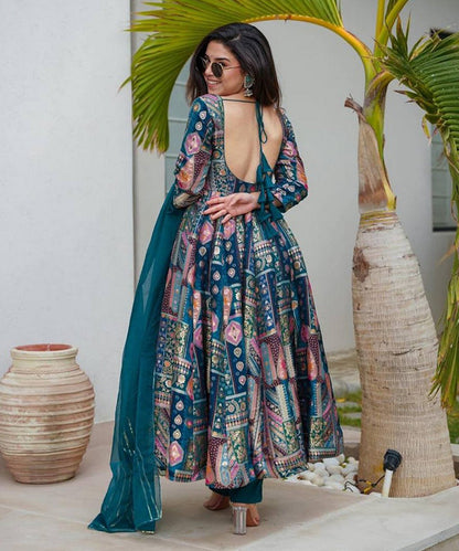 Anarkali Blue Chinon with Bottom and Dupatta