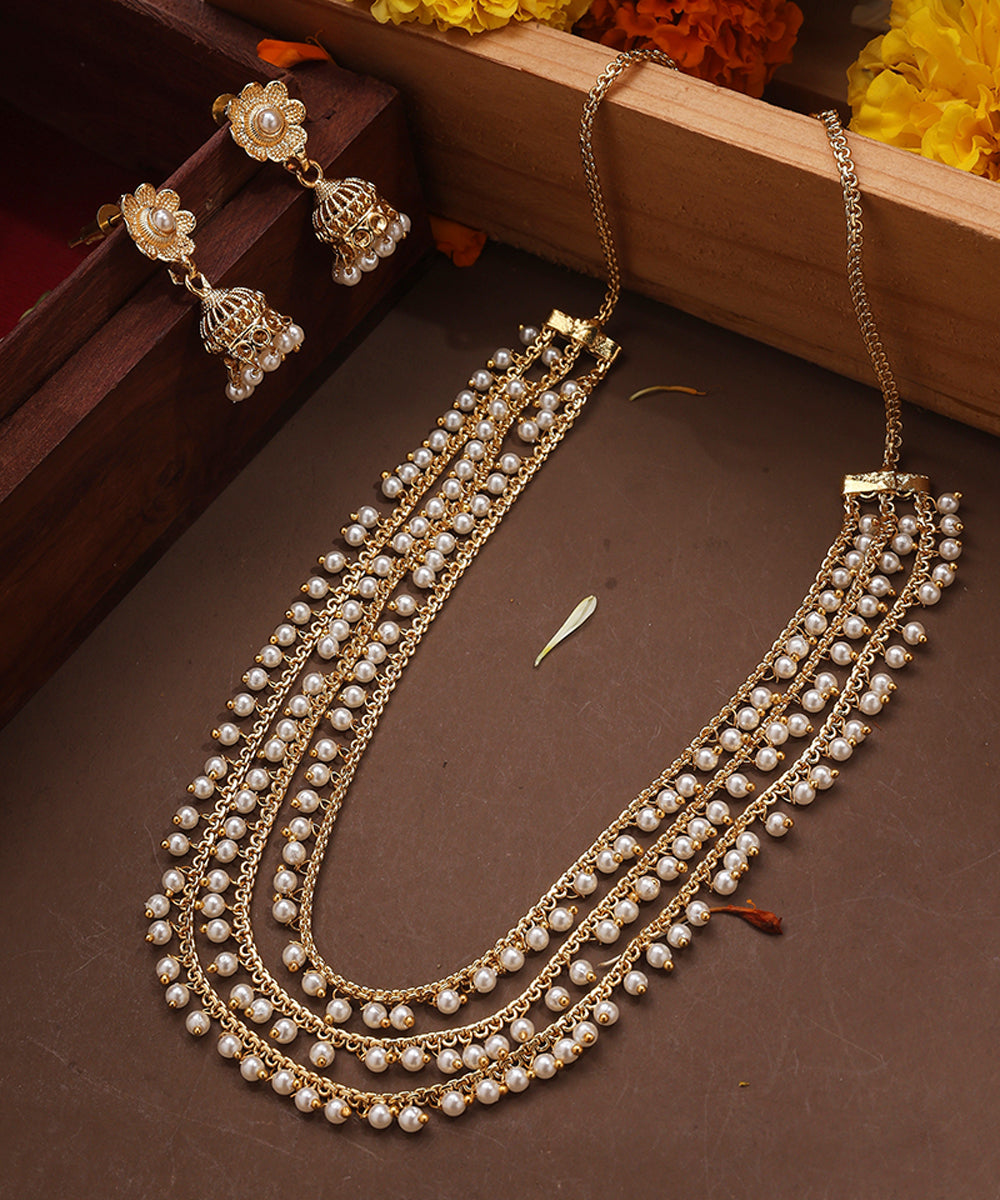 Three Layer Pearl Necklace with Gold Plated Chain