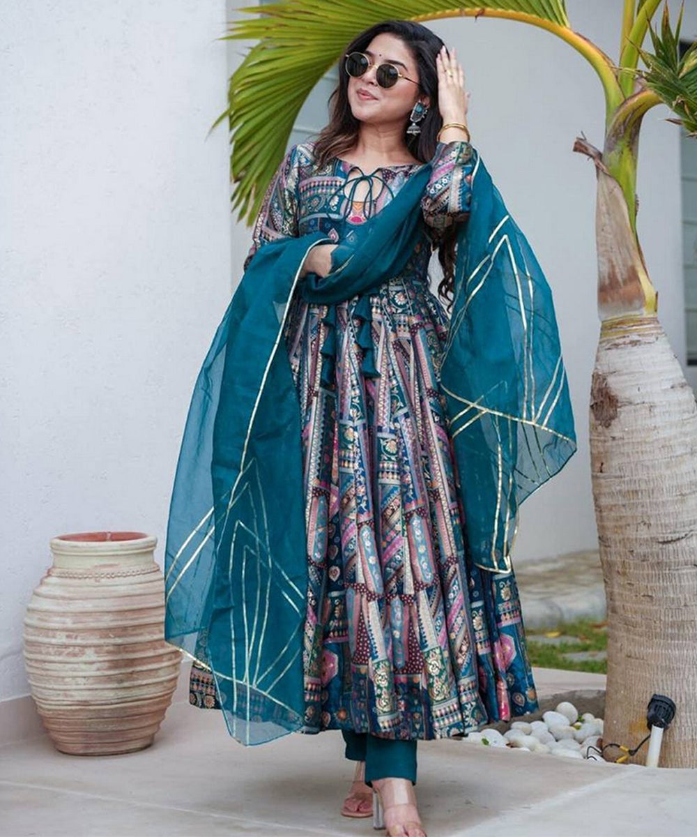Anarkali Blue Chinon with Bottom and Dupatta