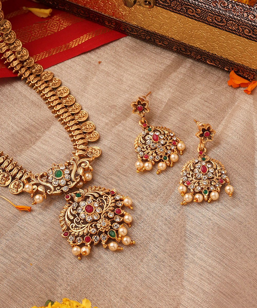 Royal Temple Jewellery Long Coin Necklace with Intricate Pendant