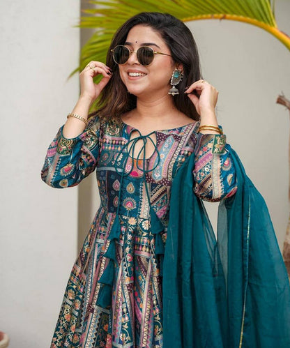Anarkali Blue Chinon with Bottom and Dupatta