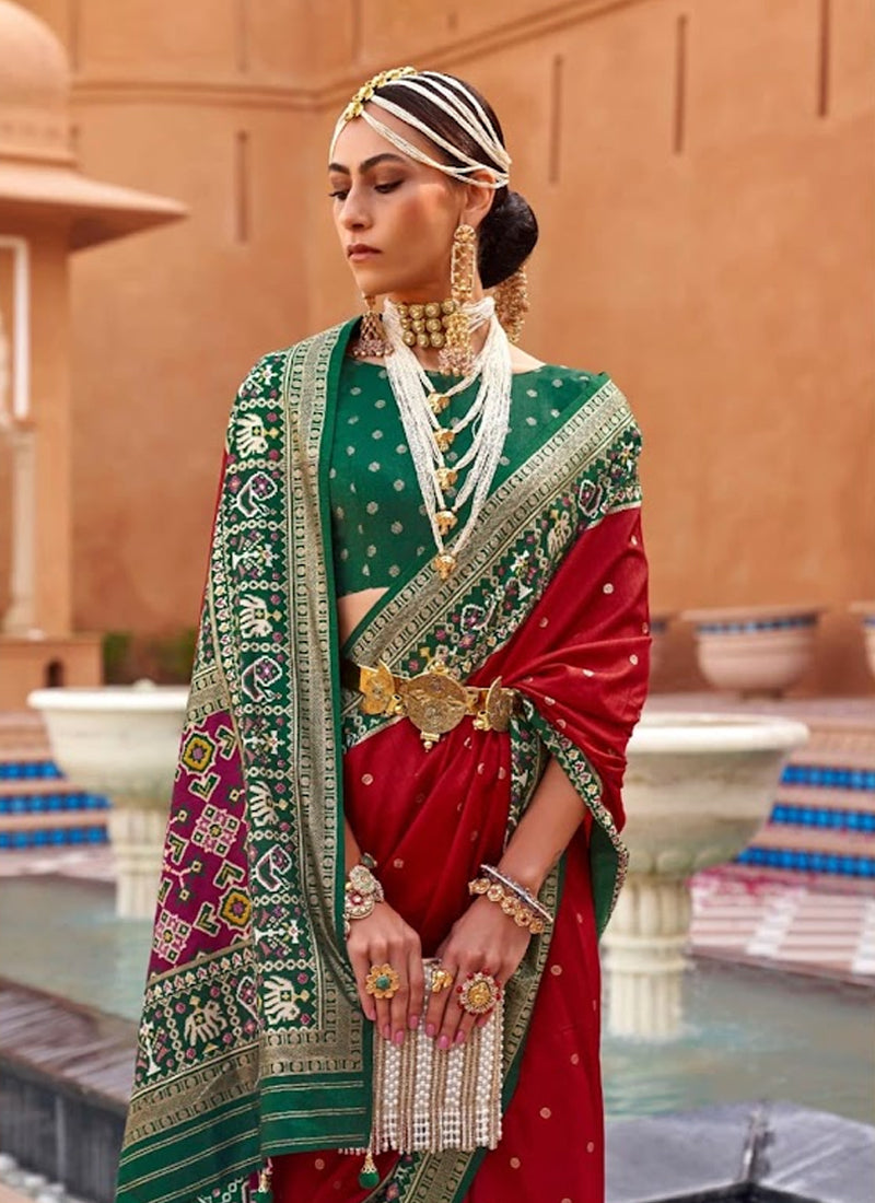 Red and Green Patola Art Silk Saree