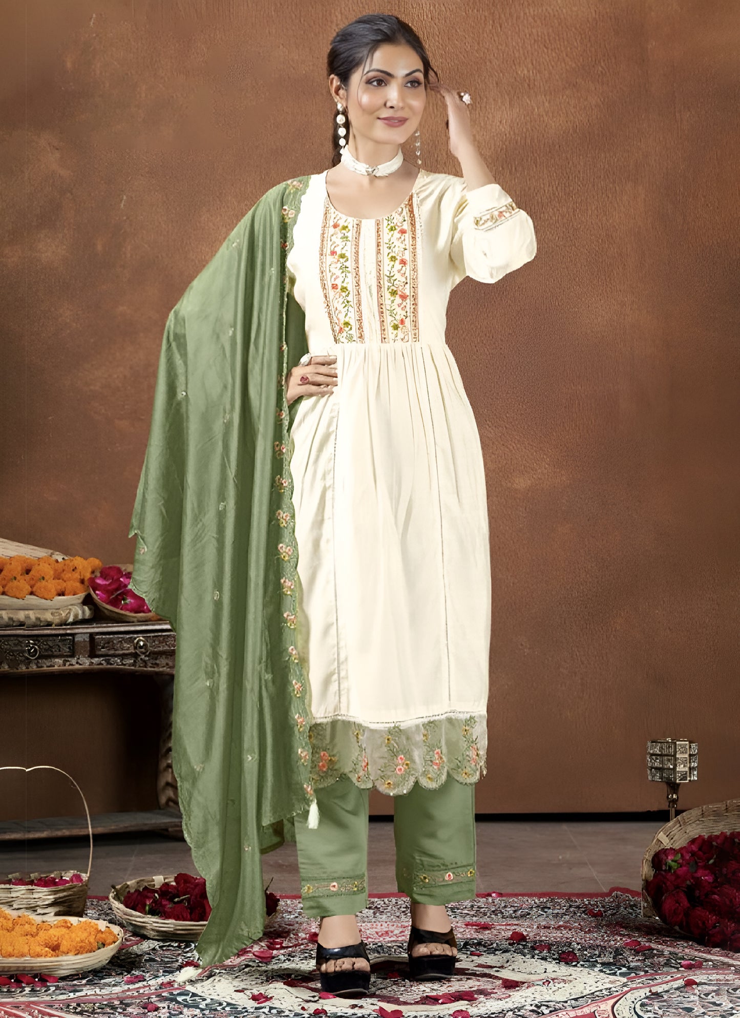 Cream Silk Embroidered Kurta with Pant & Dupatta