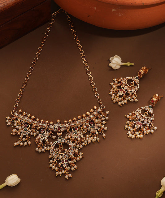 Gold Plated Guttapusalu Choker Necklace with Multicolour Stones