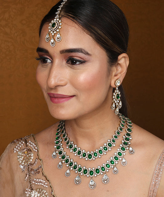 Two Layer Necklace Set with Green Stones and American Stones Earrings and Maang Tikka