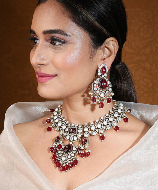 Bridal Ruby Stone Choker Necklace with Earrings