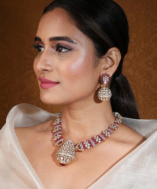 Hasli Style Necklace Set in Pink with American Stones