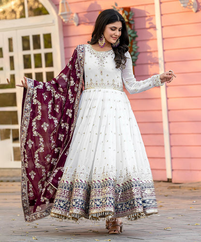 Anarkali White Georgette with Bottom and Dupatta