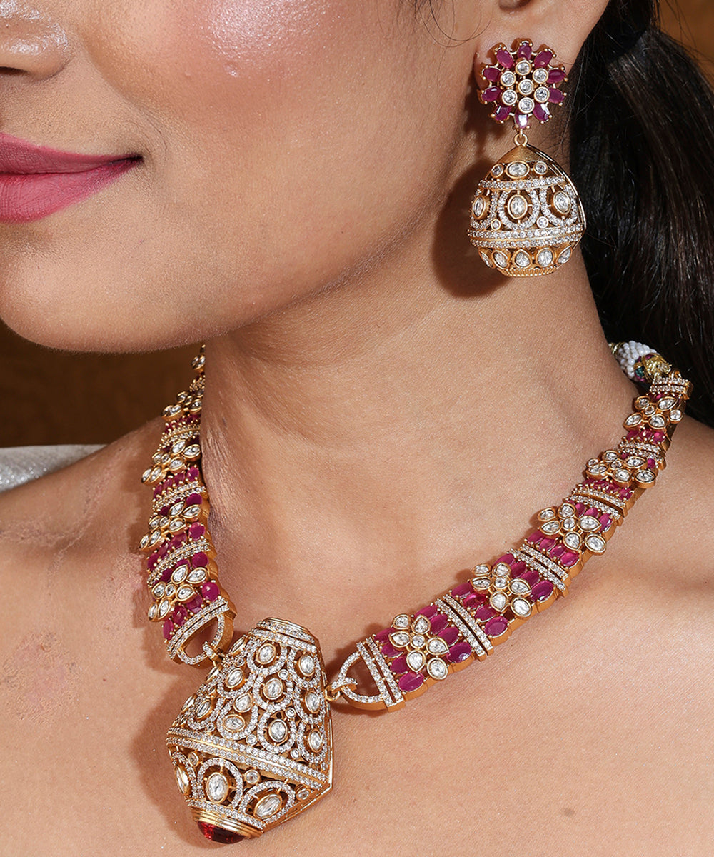 Hasli Style Necklace Set in Pink with American Stones