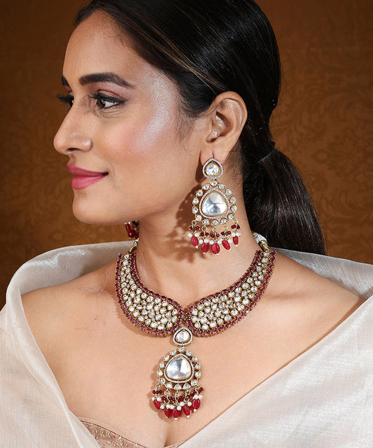 Kundan Stone Kari Shape Necklace Set in Pink