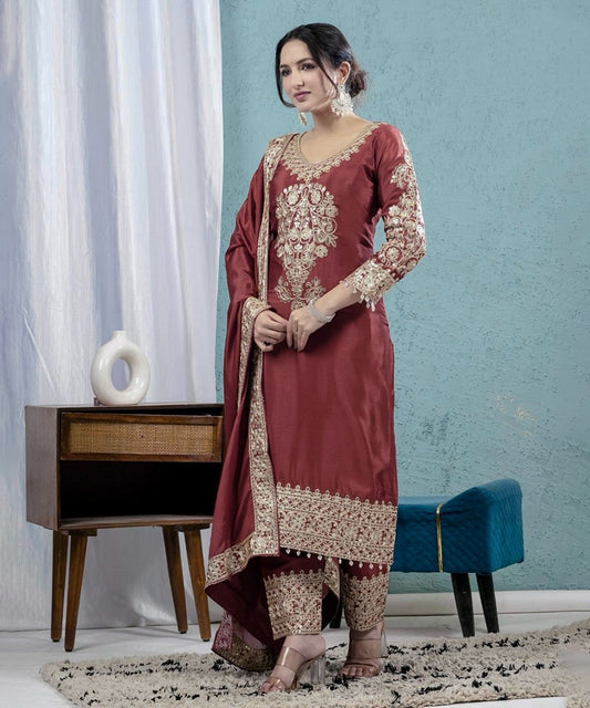 Salwar Kameez Dusty Rose Chinon with Dupatta