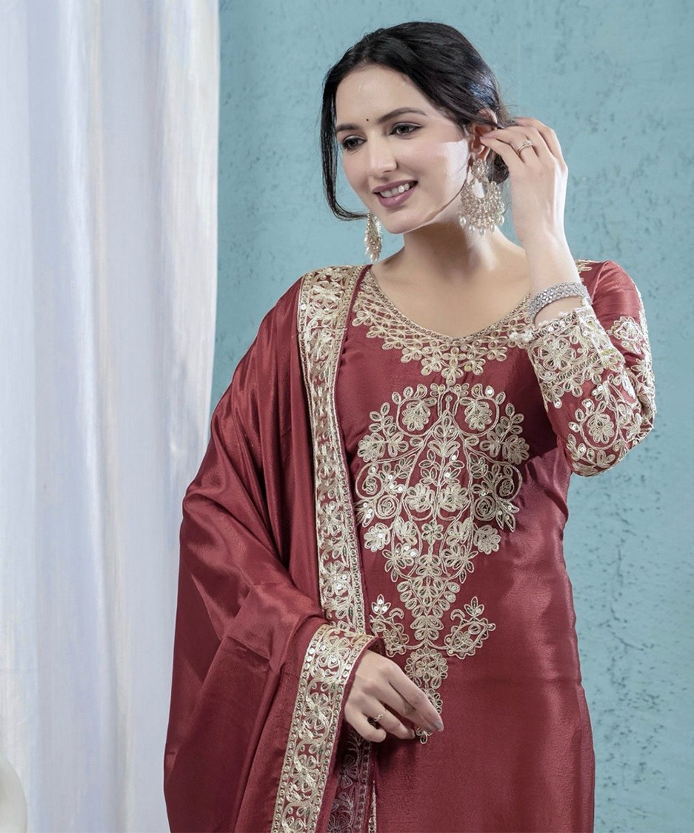 Salwar Kameez Dusty Rose Chinon with Dupatta