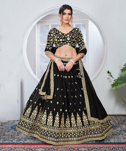 Lehenga Choli Black Thread Sequins Embroidered Georgette with Dupatta Unstitched