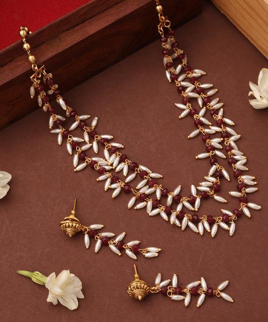 Rice Pearl Necklace with Red Beads