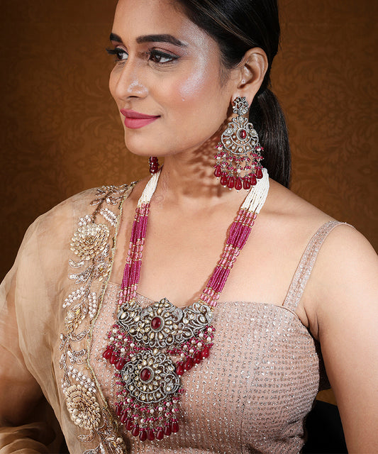 Long Maharani Haar with Light Pink Beaded Mala and Statement Pendant