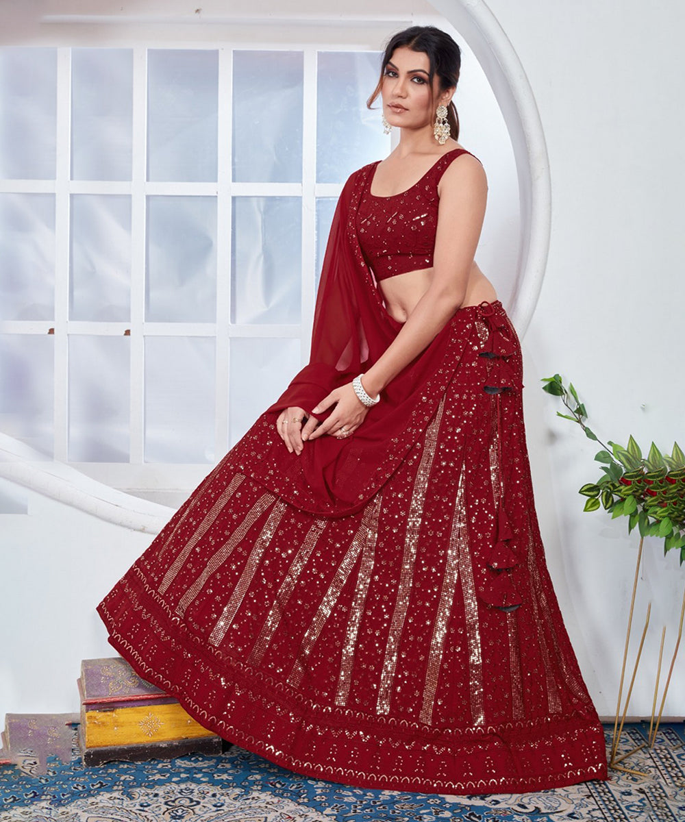 Lehenga Choli Red Thread Sequins Embroidered Georgette with Dupatta Unstitched