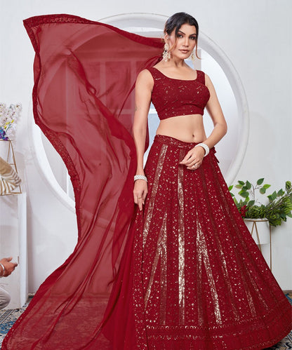 Lehenga Choli Red Thread Sequins Embroidered Georgette with Dupatta Unstitched