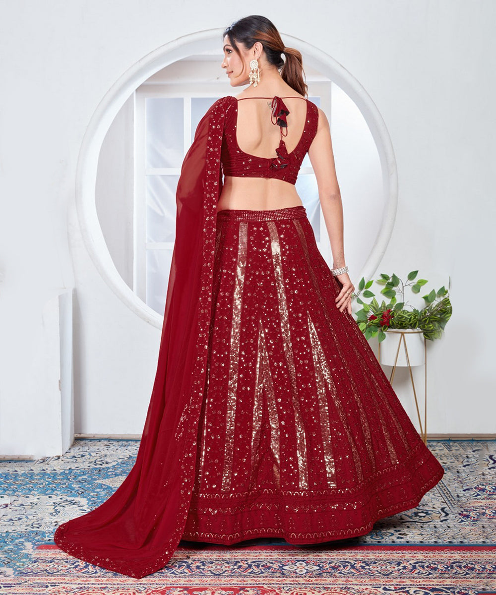 Lehenga Choli Red Thread Sequins Embroidered Georgette with Dupatta Unstitched