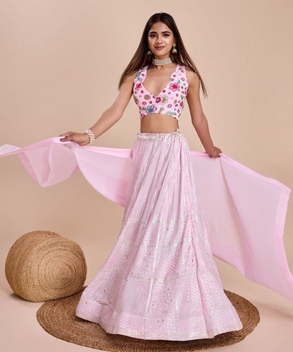 Lehenga Choli Pink Thread Sequins Embroidered Georgette with Dupatta Unstitched