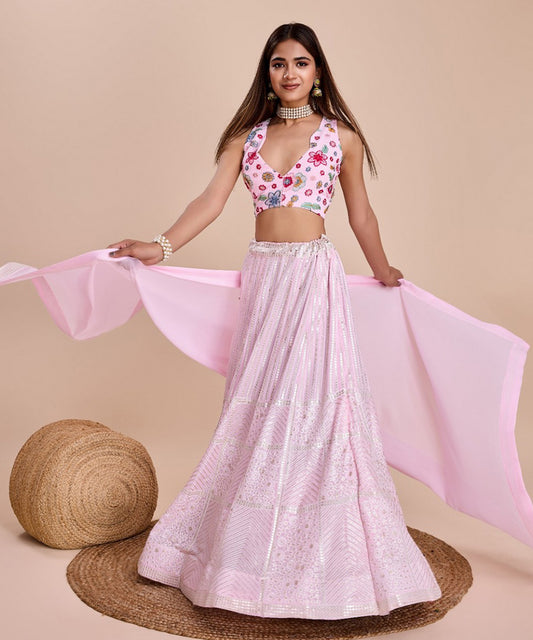 Lehenga Choli Pink Thread Sequins Embroidered Georgette with Dupatta Unstitched