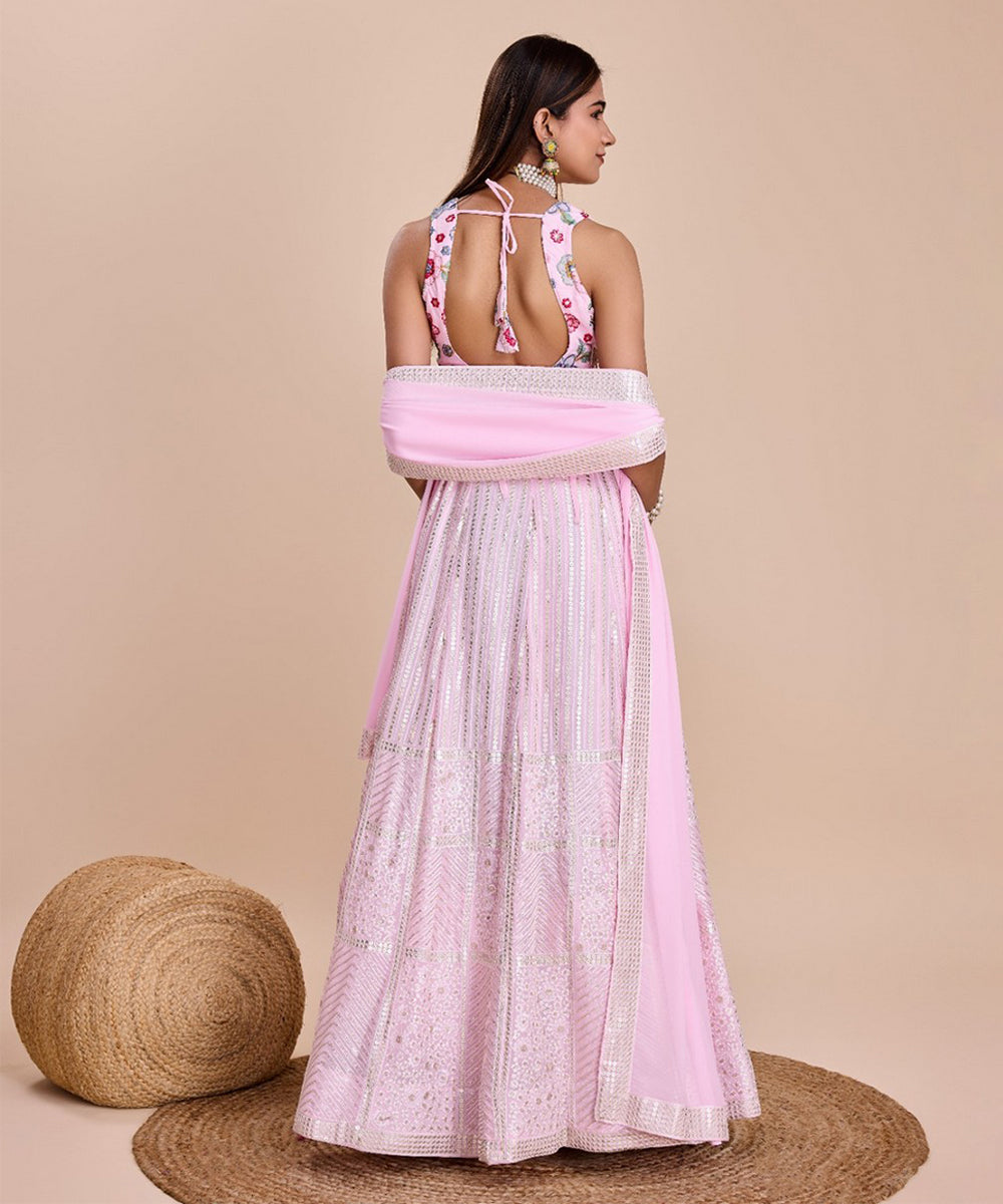 Lehenga Choli Pink Thread Sequins Embroidered Georgette with Dupatta Unstitched