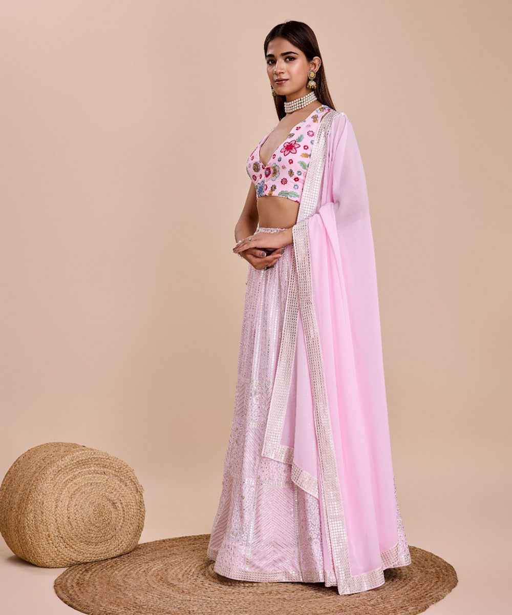 Lehenga Choli Pink Thread Sequins Embroidered Georgette with Dupatta Unstitched