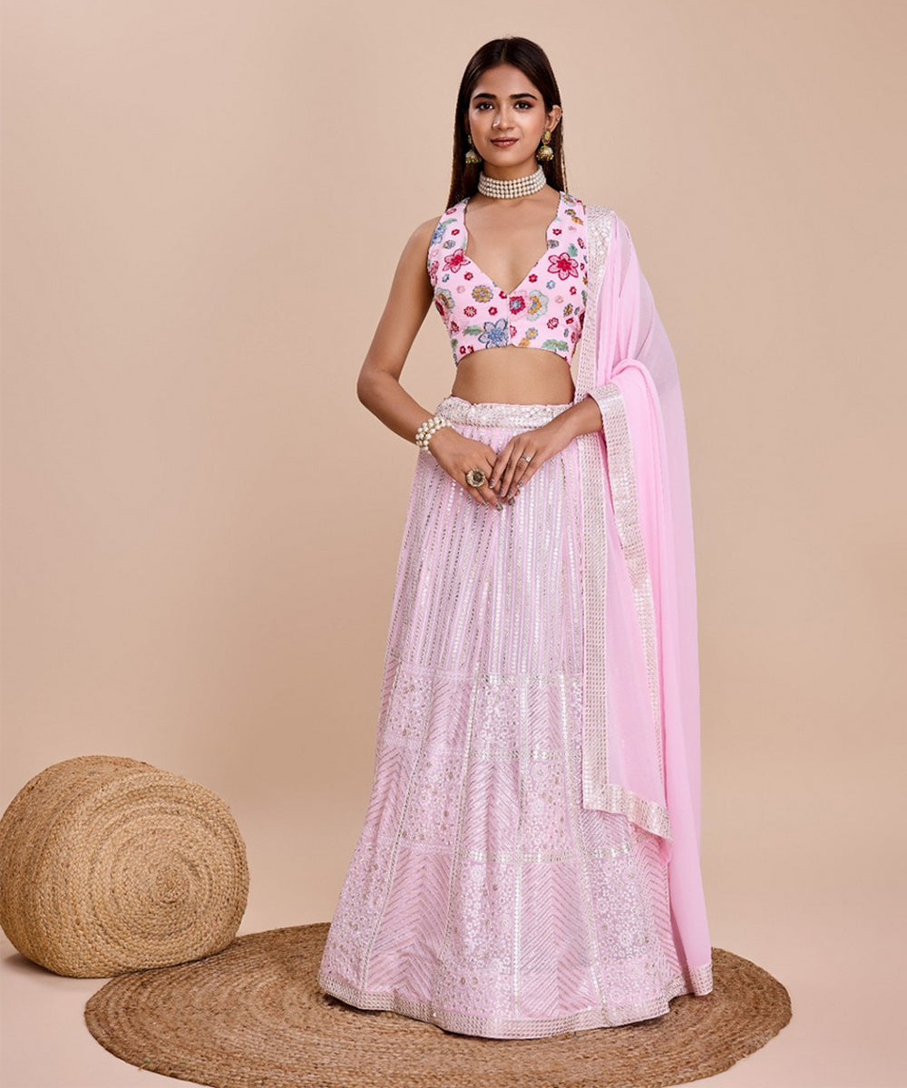 Lehenga Choli Pink Thread Sequins Embroidered Georgette with Dupatta Unstitched