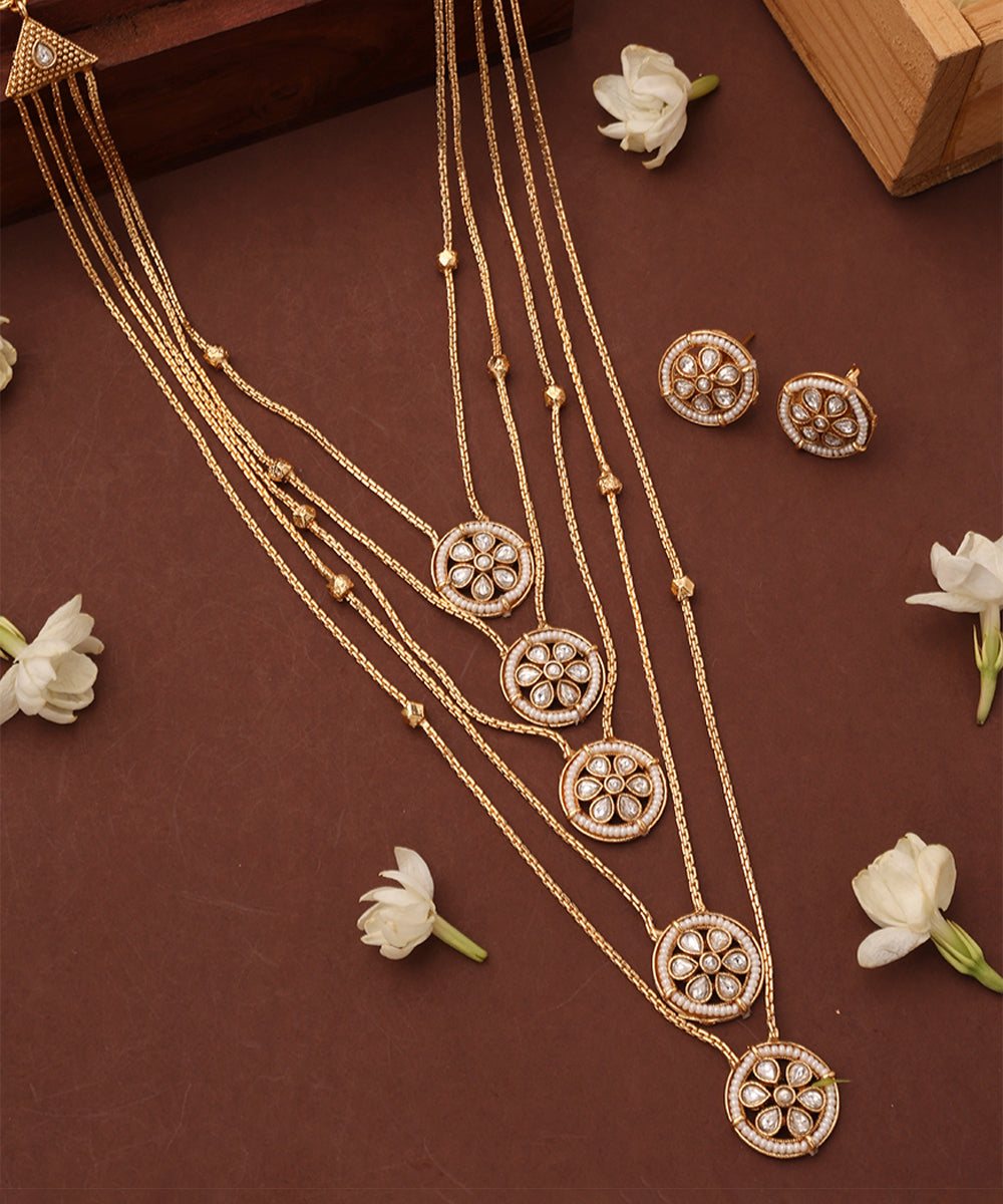 Five Layer Necklace Set with Round Pendants and White Stones