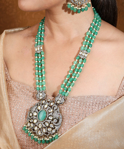Mint Green Bead Necklace with American Stone Studded Elephant Motif Pendant