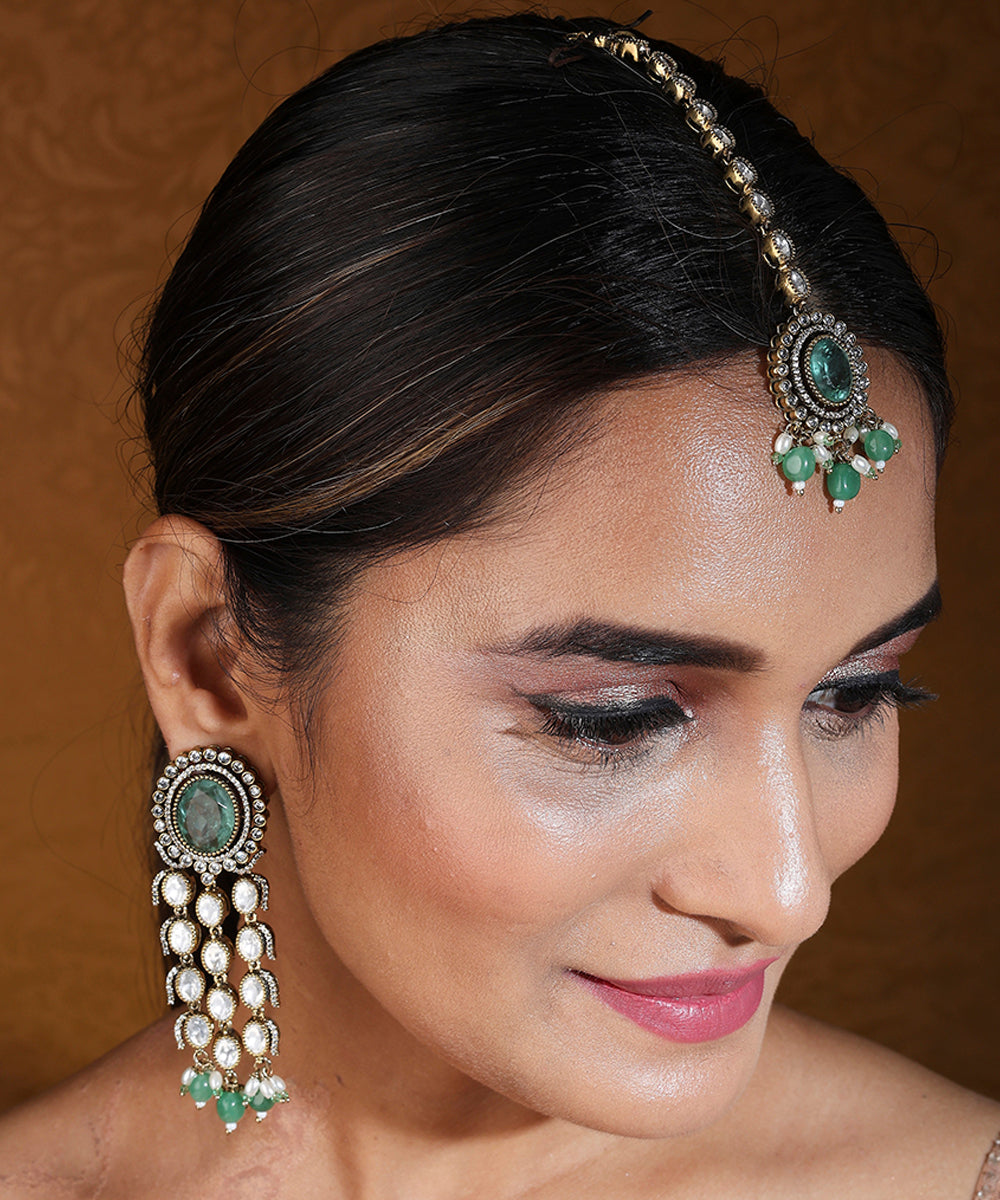 Mint Green Stone Kundan Layer Choker Necklace Set with Maang Tikka