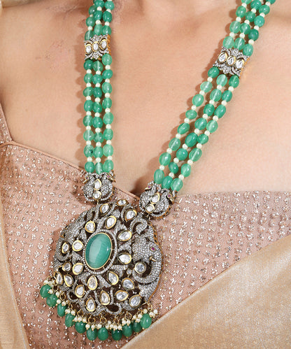 Mint Green Bead Necklace with American Stone Studded Elephant Motif Pendant