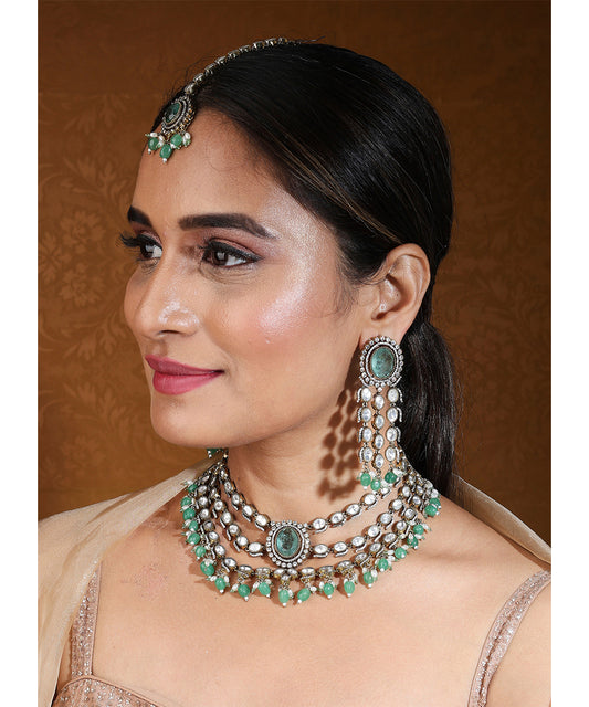 Mint Green Stone Kundan Layer Choker Necklace Set with Maang Tikka