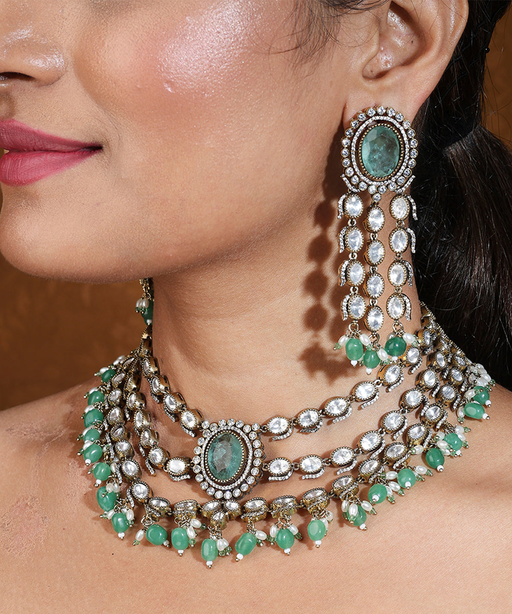 Mint Green Stone Kundan Layer Choker Necklace Set with Maang Tikka