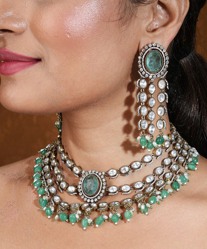 Mint Green Stone Kundan Layer Choker Necklace Set with Maang Tikka
