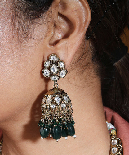 Hasli Style Statement Necklace with Kundan Stones and Green Drops