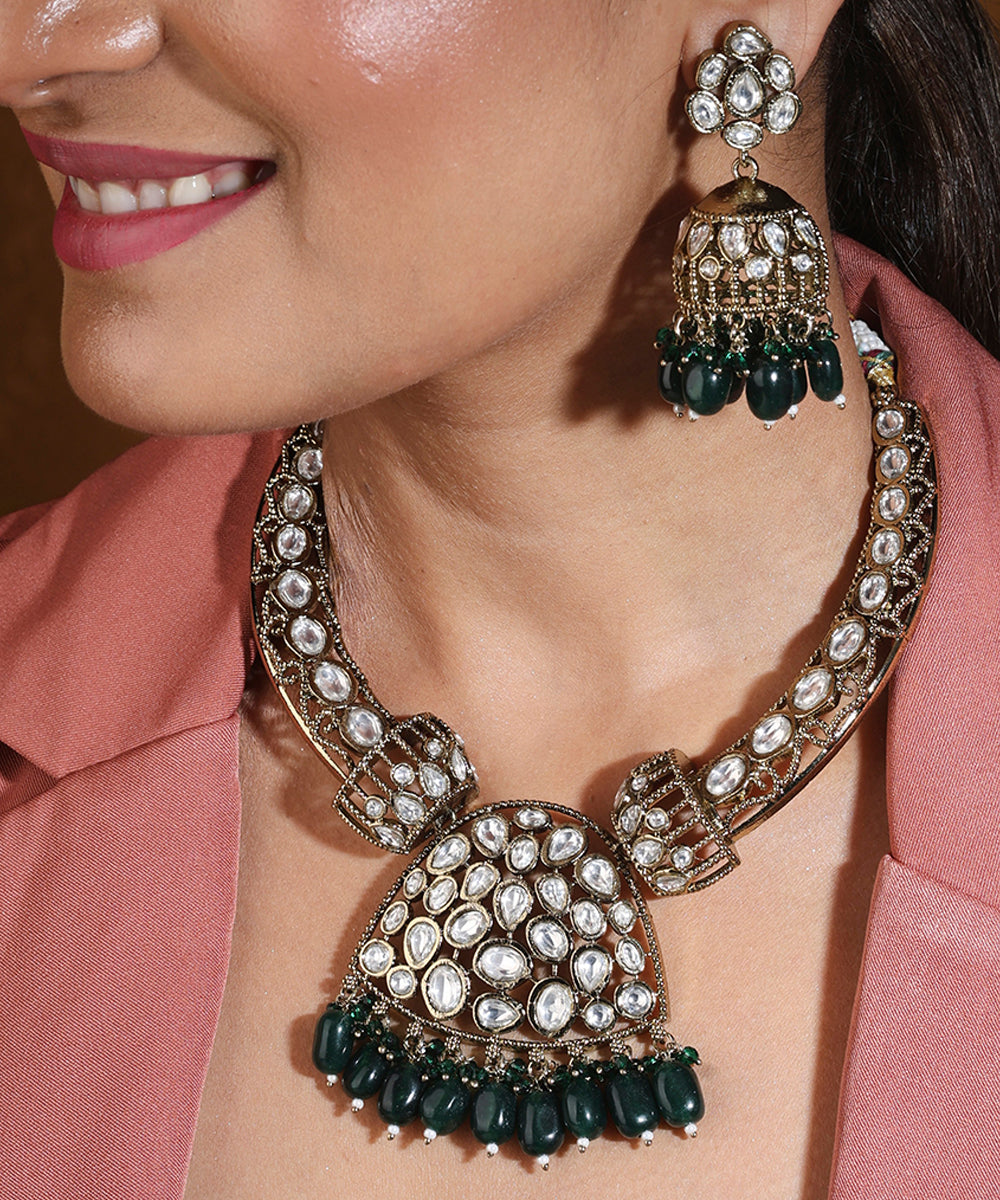 Hasli Style Statement Necklace with Kundan Stones and Green Drops