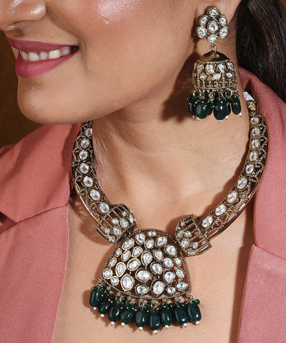 Hasli Style Statement Necklace with Kundan Stones and Green Drops