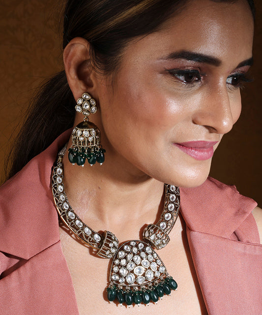 Hasli Style Statement Necklace with Kundan Stones and Green Drops