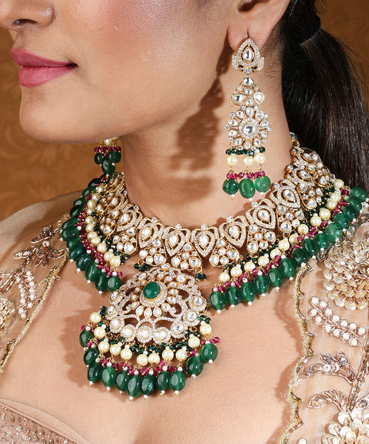 Bridal Choker with Kundan and American Stones Featuring Green Drops