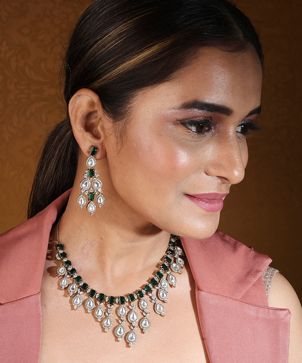 Classic Necklace Set with American Diamond Stones and Green Accents