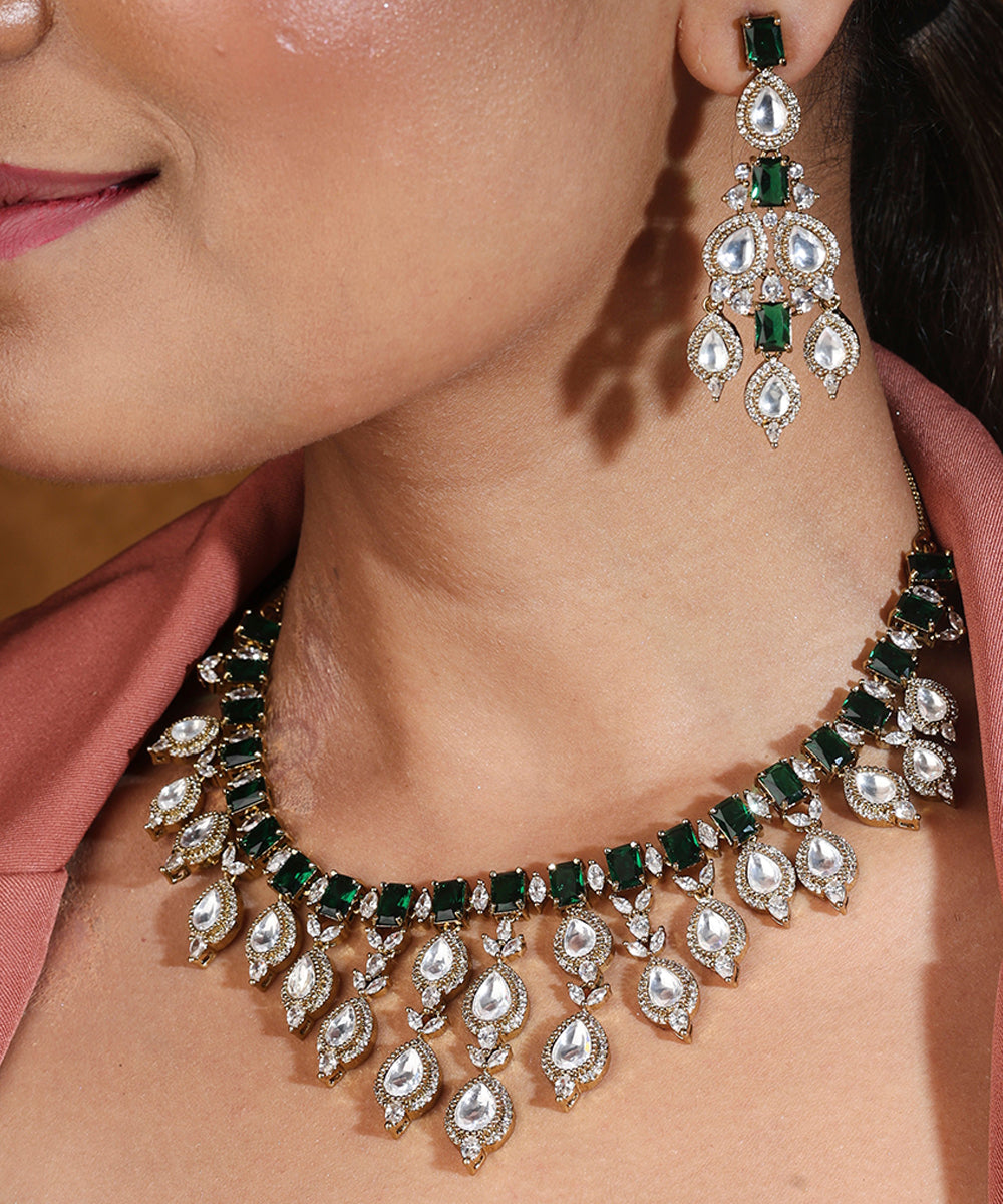 Classic Necklace Set with American Diamond Stones and Green Accents