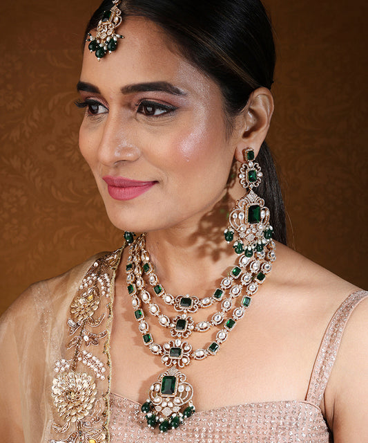 Bridal Layer Necklace with Green Emerald and American Stones