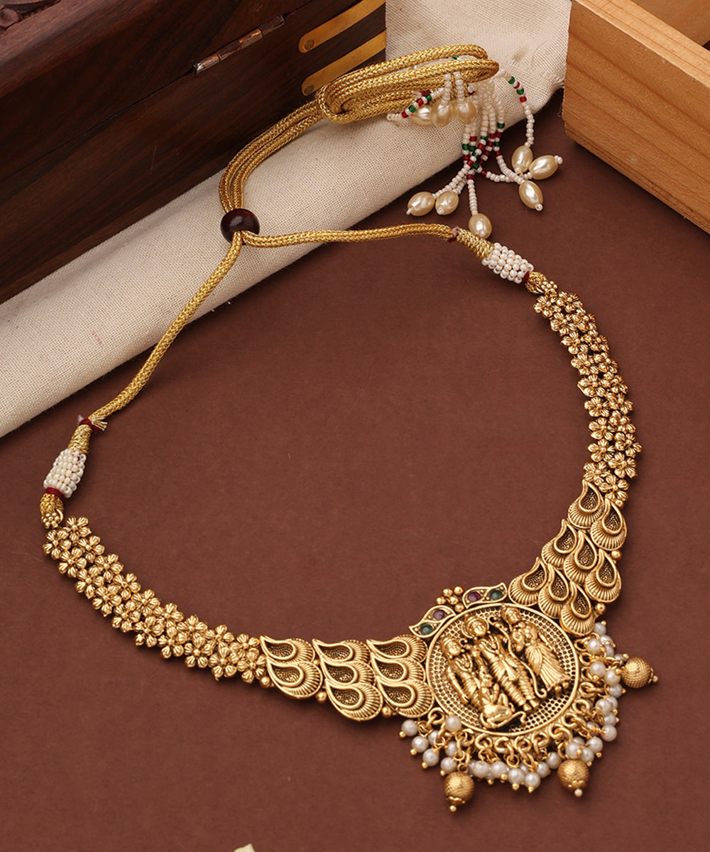 Gold Plated Temple Jewellery Necklace Set with Goddess Motif