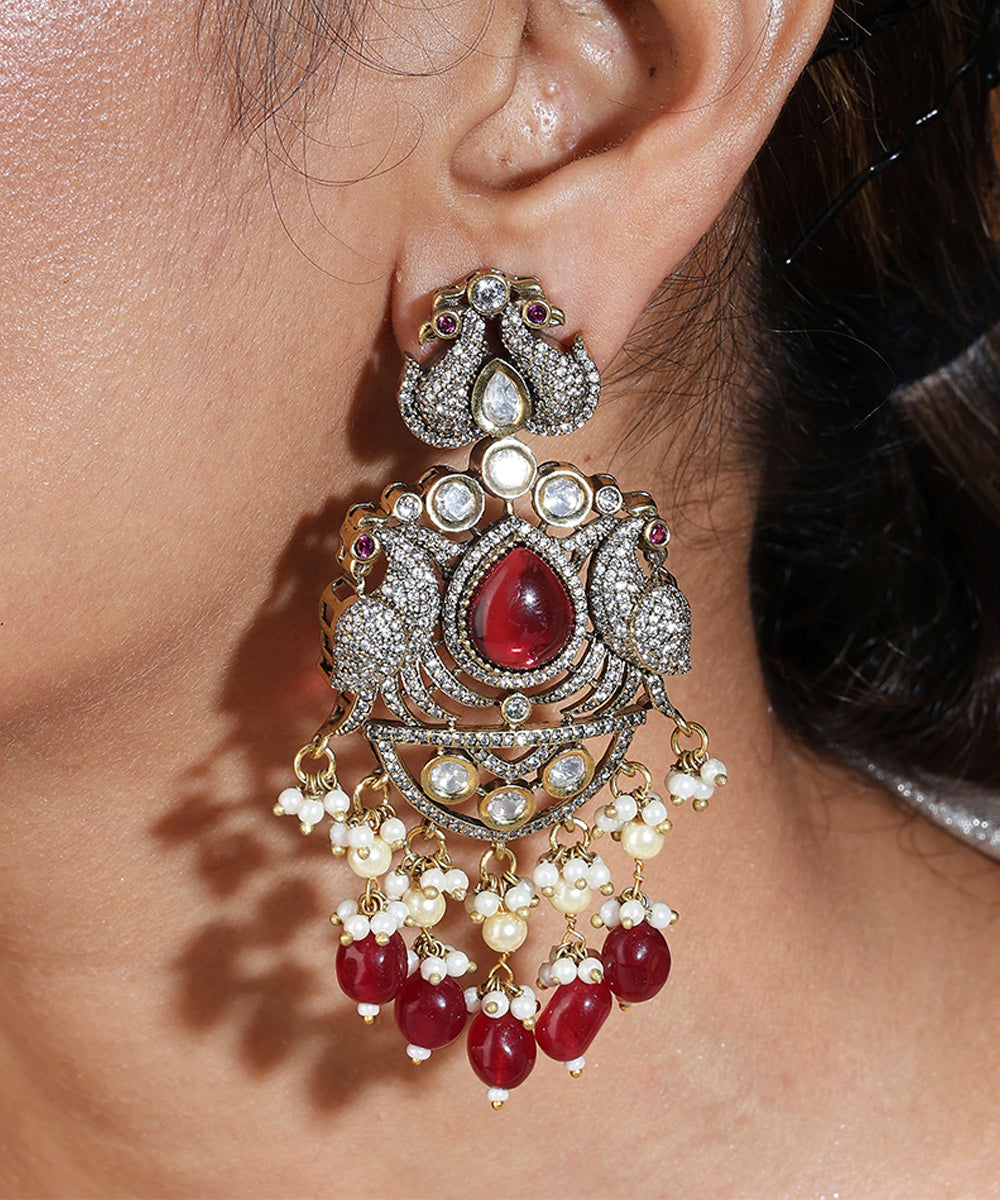Long Pearl Necklace with Ruby and American Stone Statement Pendant