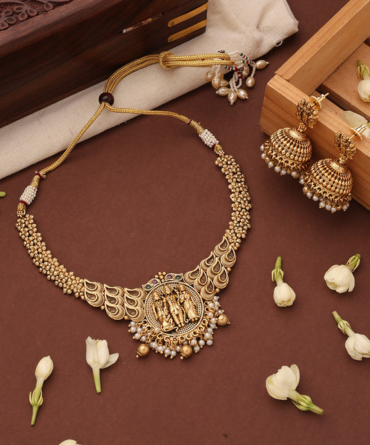 Gold Plated Temple Jewellery Necklace Set with Goddess Motif