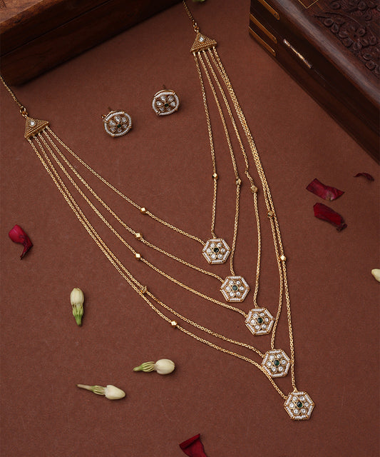 Five Layer Necklace with Green Hexagon Pendants