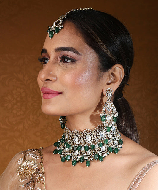 Bridal Choker Necklace with Kundan Stones and Green Drops